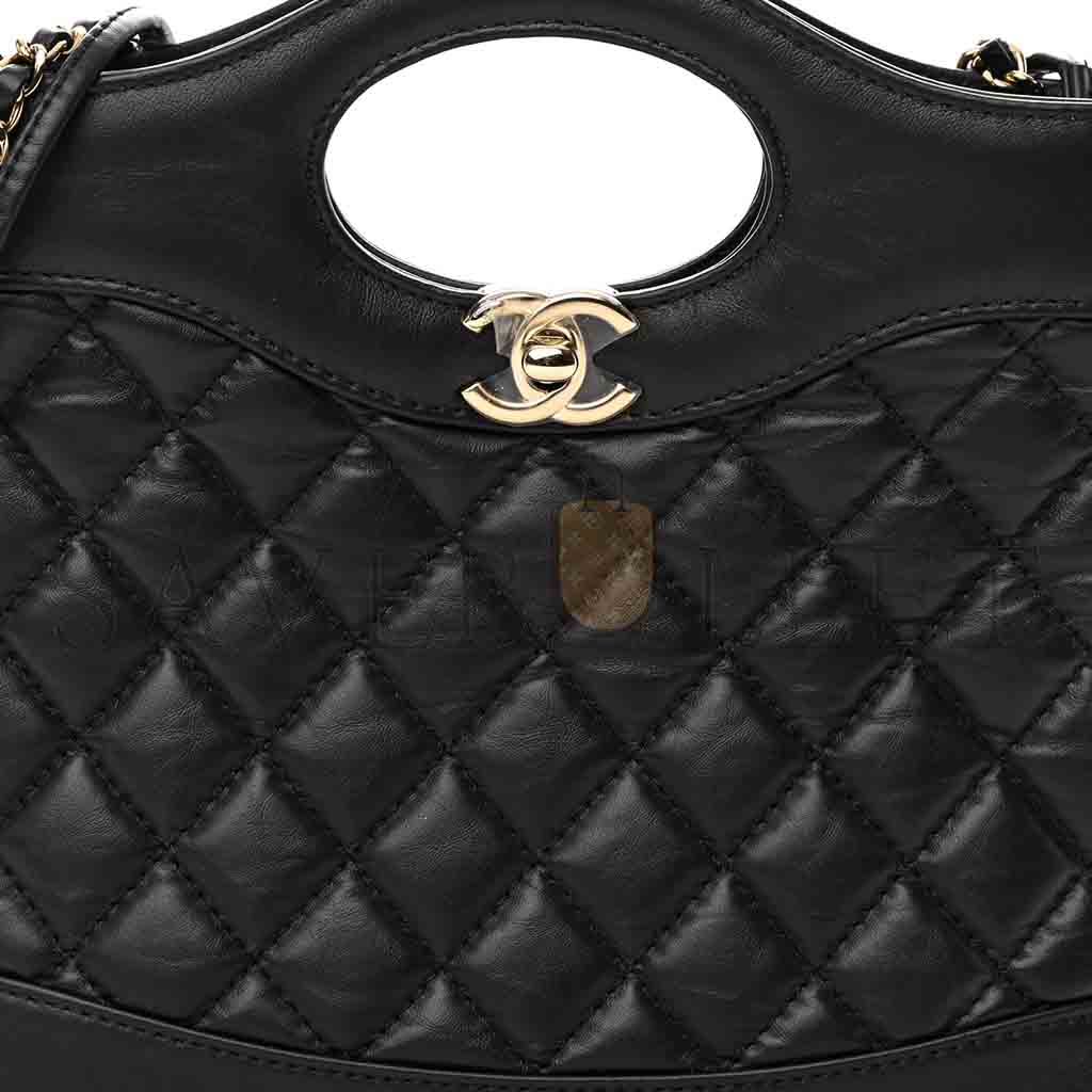 Ch*el master shiny crumpled calfskin quilted mini 31 shopping bag black (24.5*22*5.5cm)